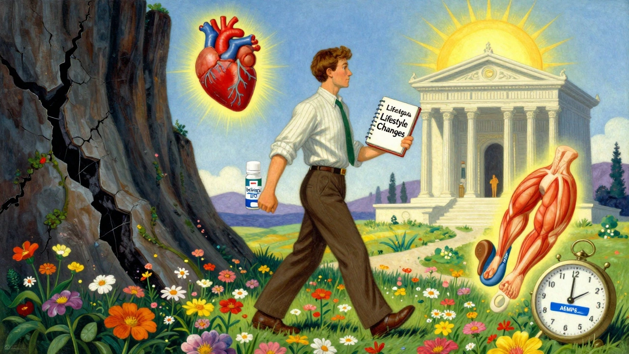 Hombre caminando por un paisaje simbólico de salud, con flores, corazón y sello farmacéutico en un entorno luminoso.