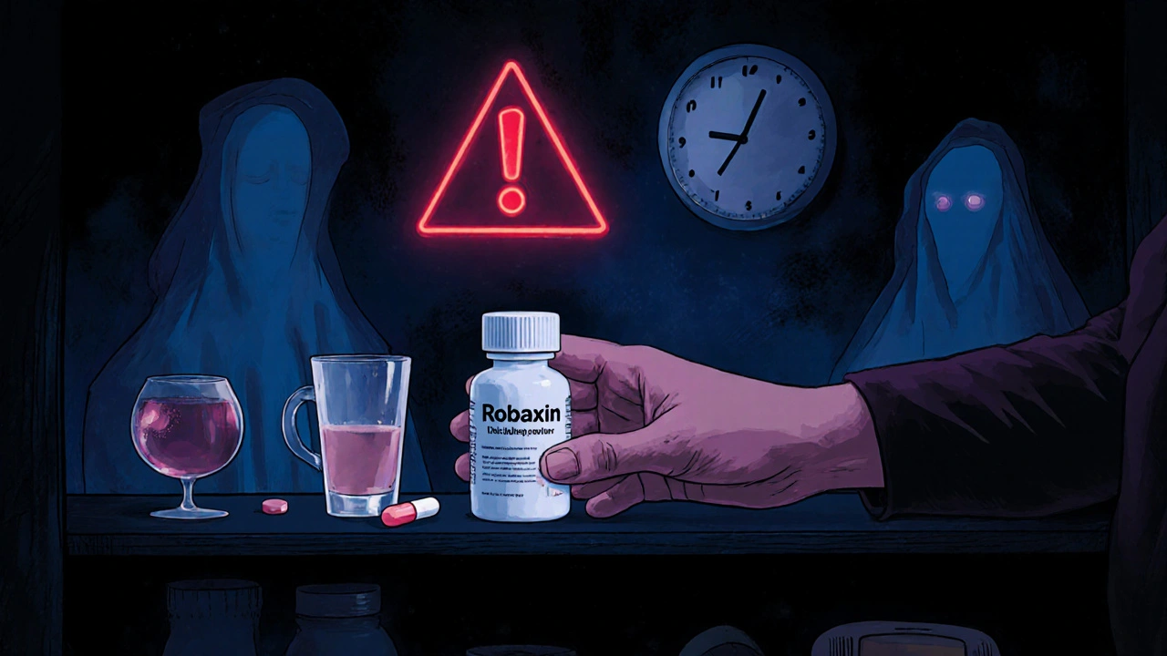 Persona alcanzando un medicamento mientras sombras de alcohol y pastillas peligrosas la rodean en la oscuridad.