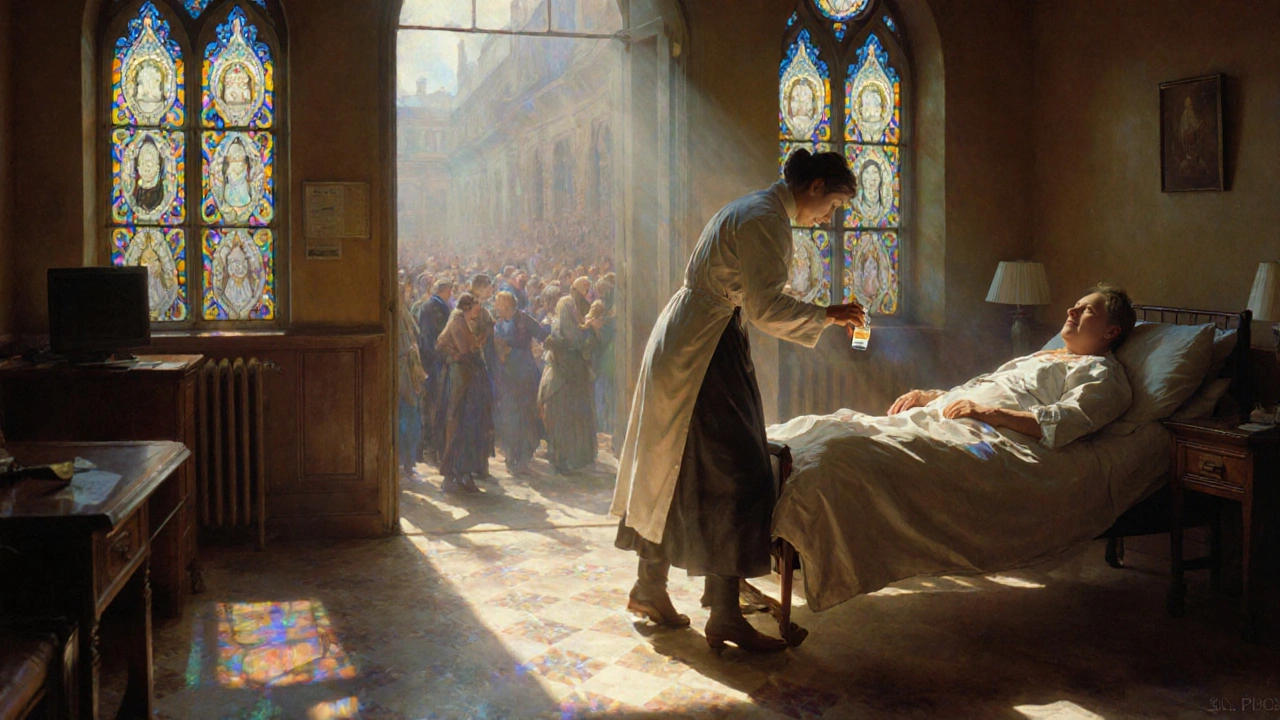 Un médico coloca cloroquina junto a un paciente con lupus bajo luz de ventana estriada.