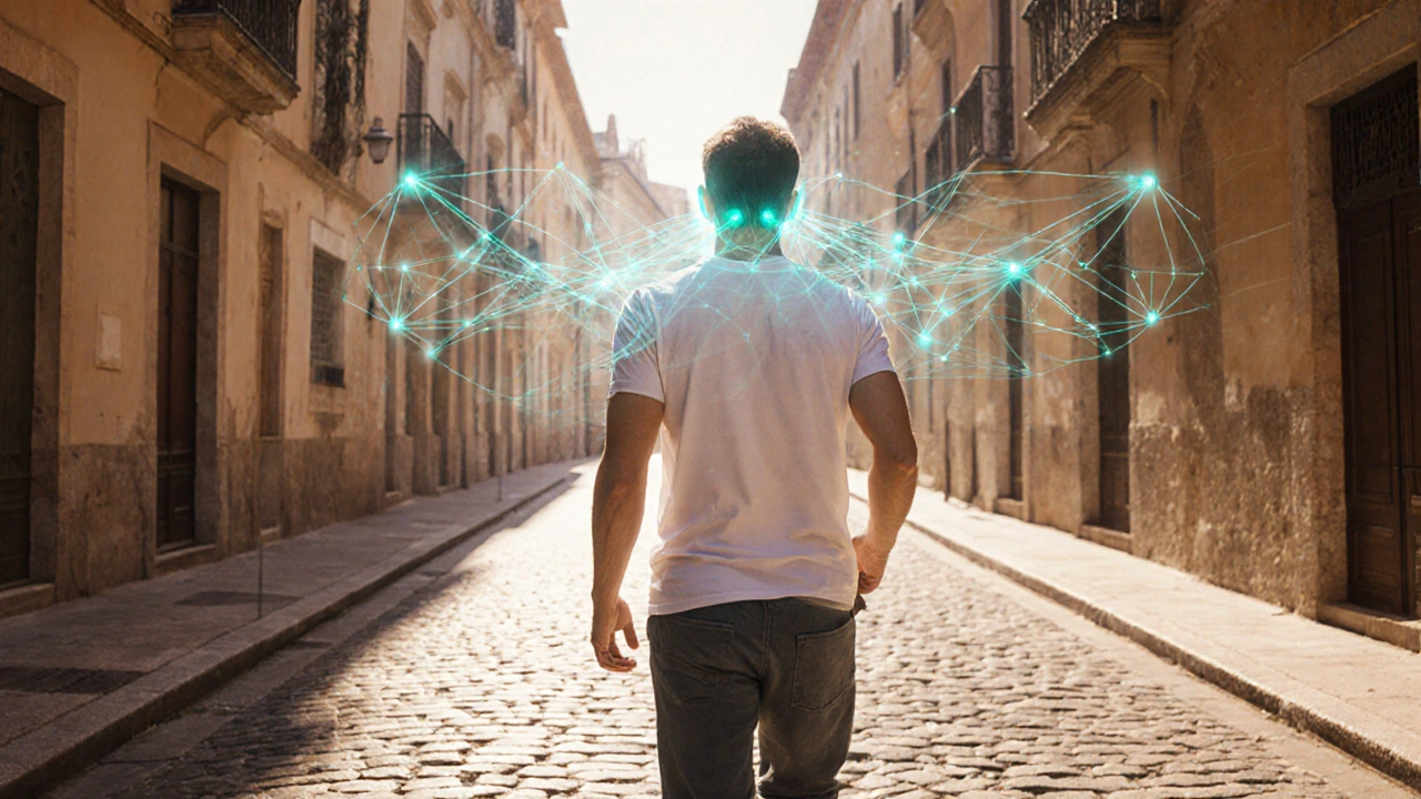 Adulto camina seguro por una calle, con luces que simbolizan adaptación vestibular.