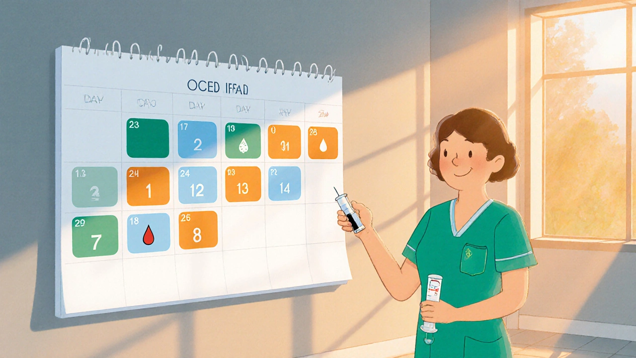 Calendario de monitoreo con enfermera tomando muestras de sangre y ajustando dosis.
