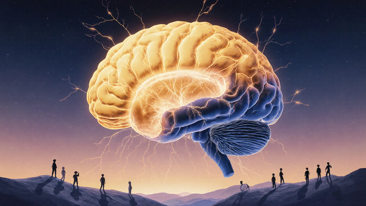 Cerebro humano con mitad iluminada y mitad oscura, simbolizando el desequilibrio químico por fenobarbital.