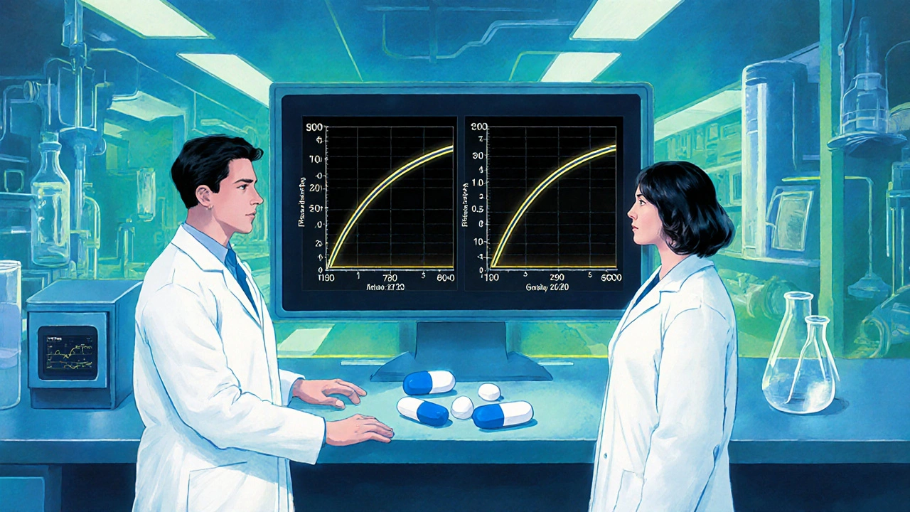 Científicos comparan curvas de concentración para demostrar bioequivalencia de un genérico.