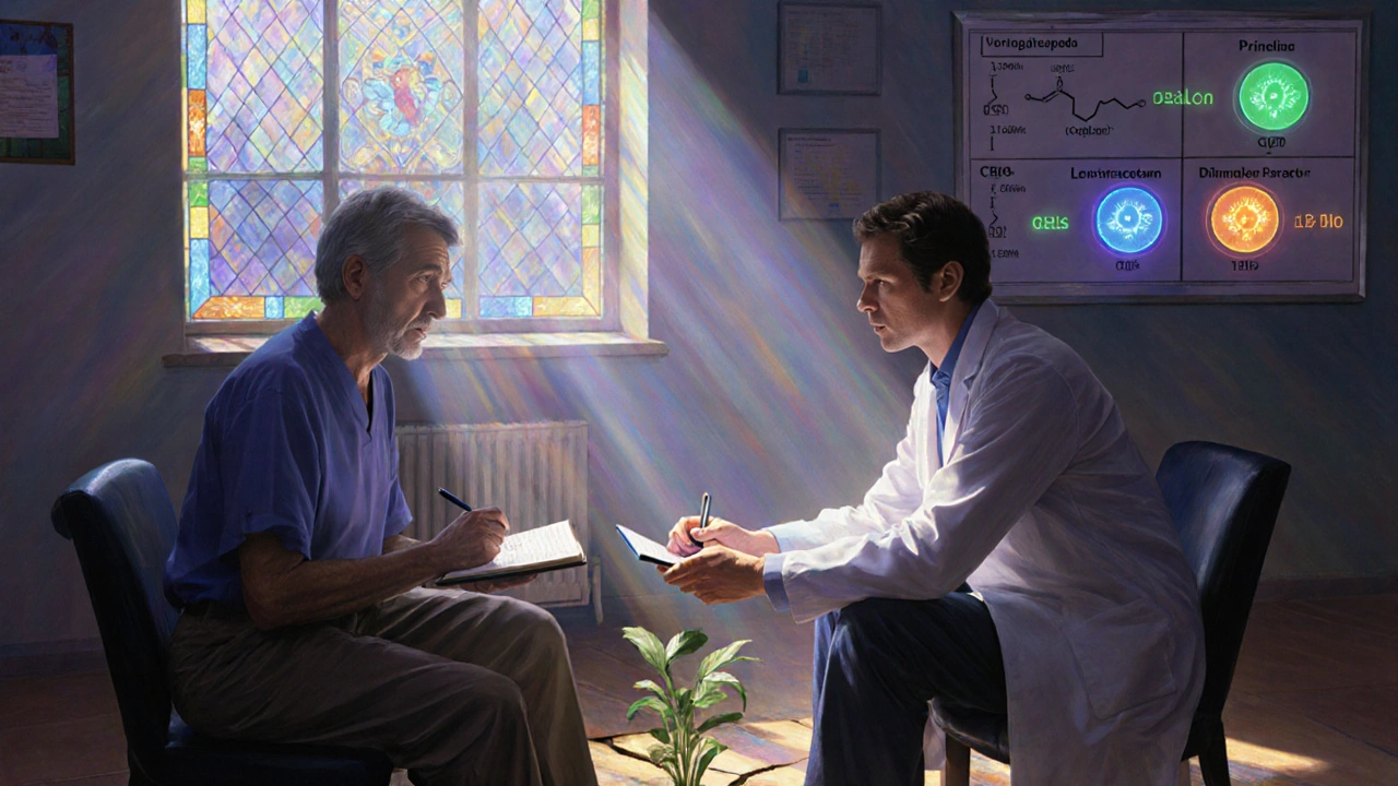 Consulta médica con diario y gráfico comparativo, luz cálida y planta creciendo como símbolo de esperanza.