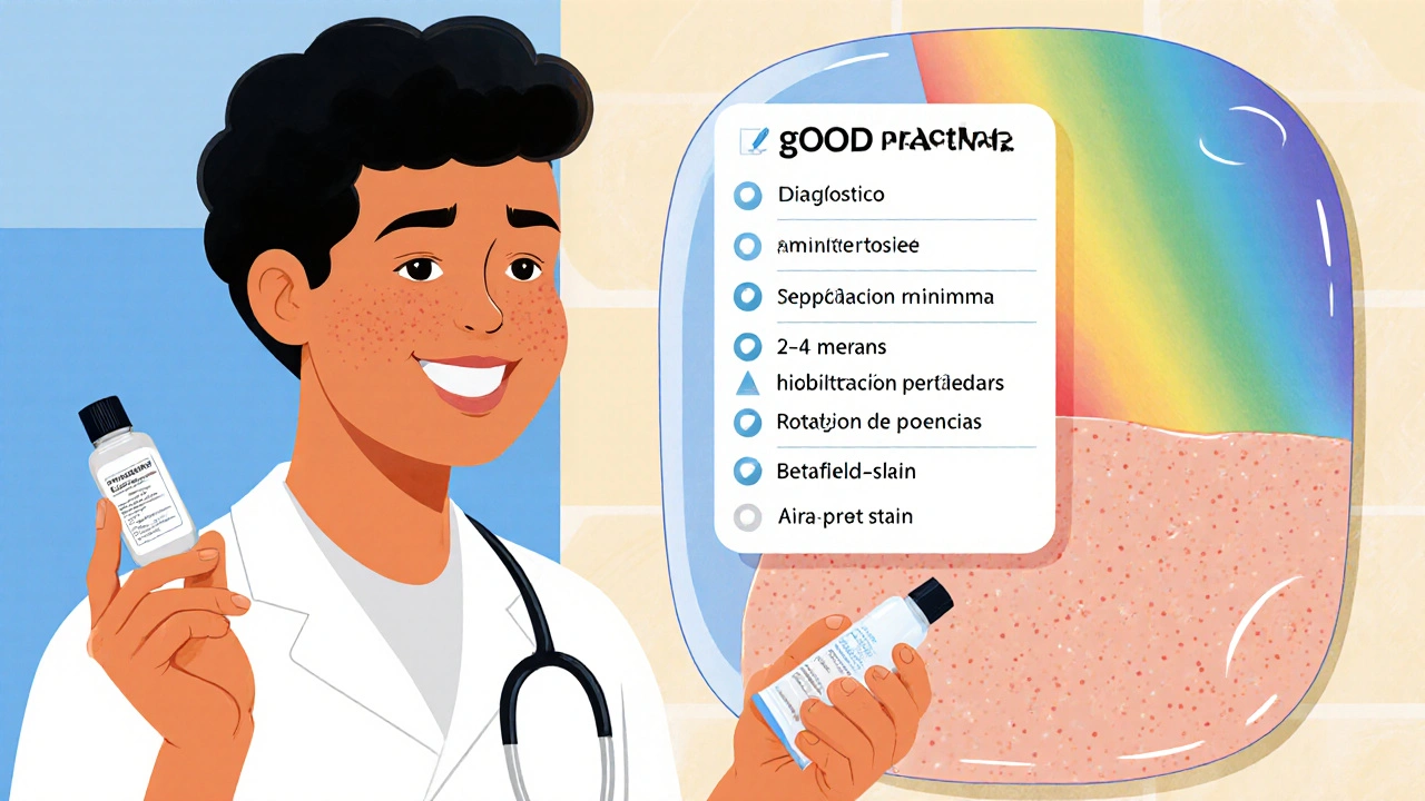 Dermatólogo cartoon muestra tubo de betametasona y crema hidratante con lista de buenas prácticas.