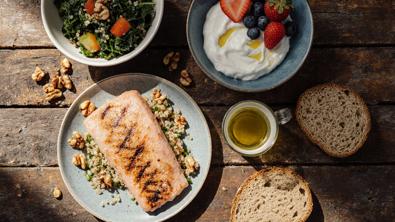 Disposición de alimentos mediterráneos: pescado, quinoa, frutos secos y yogur en una mesa de madera.