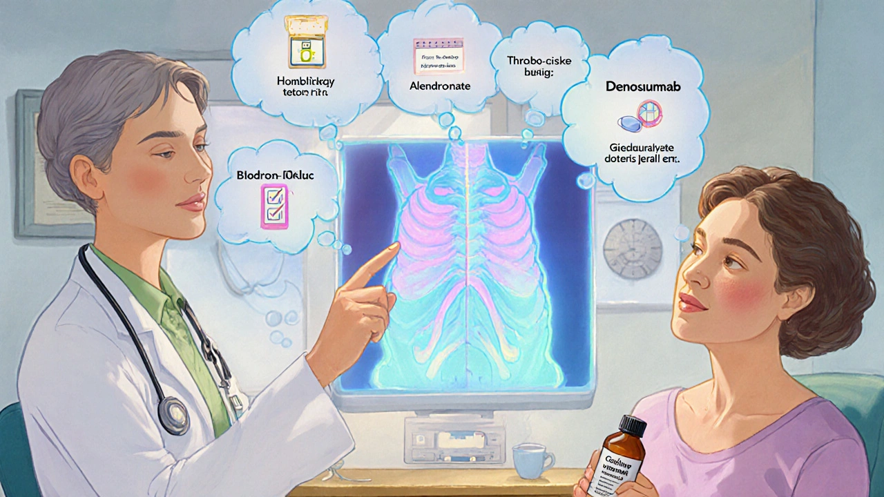 Doctor y paciente discuten un escáner óseo con burbujas de opciones de tratamiento.