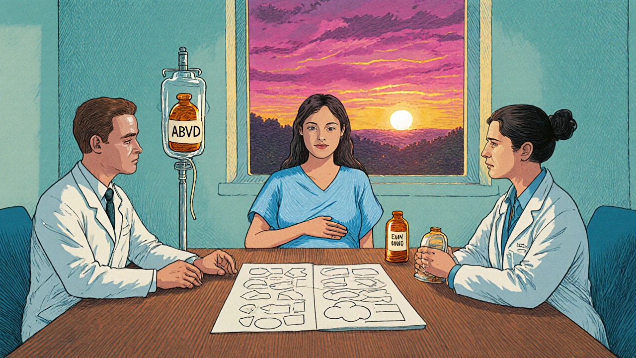 Equipo médico discutiendo tratamiento de quimioterapia ABVD para una embarazada.