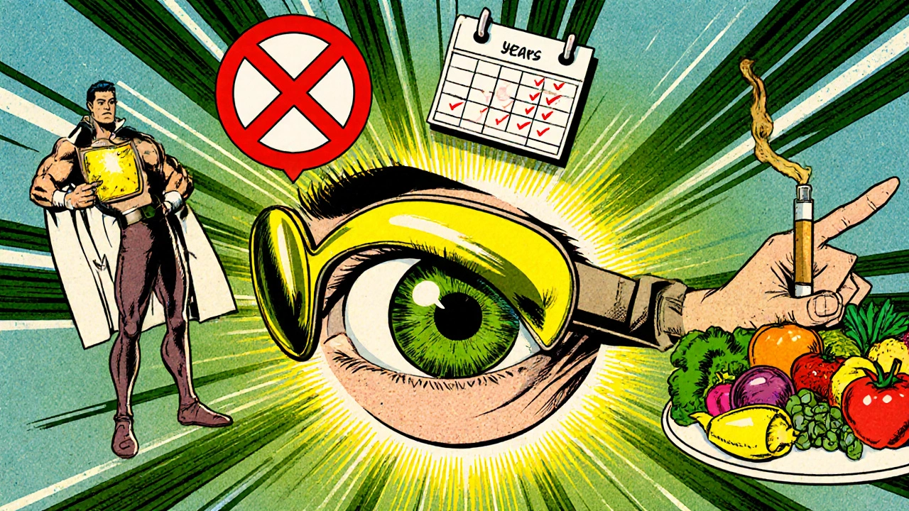 Escena de prevención: gafas UV, frutas, y símbolo de no fumar alrededor de un ojo saludable.