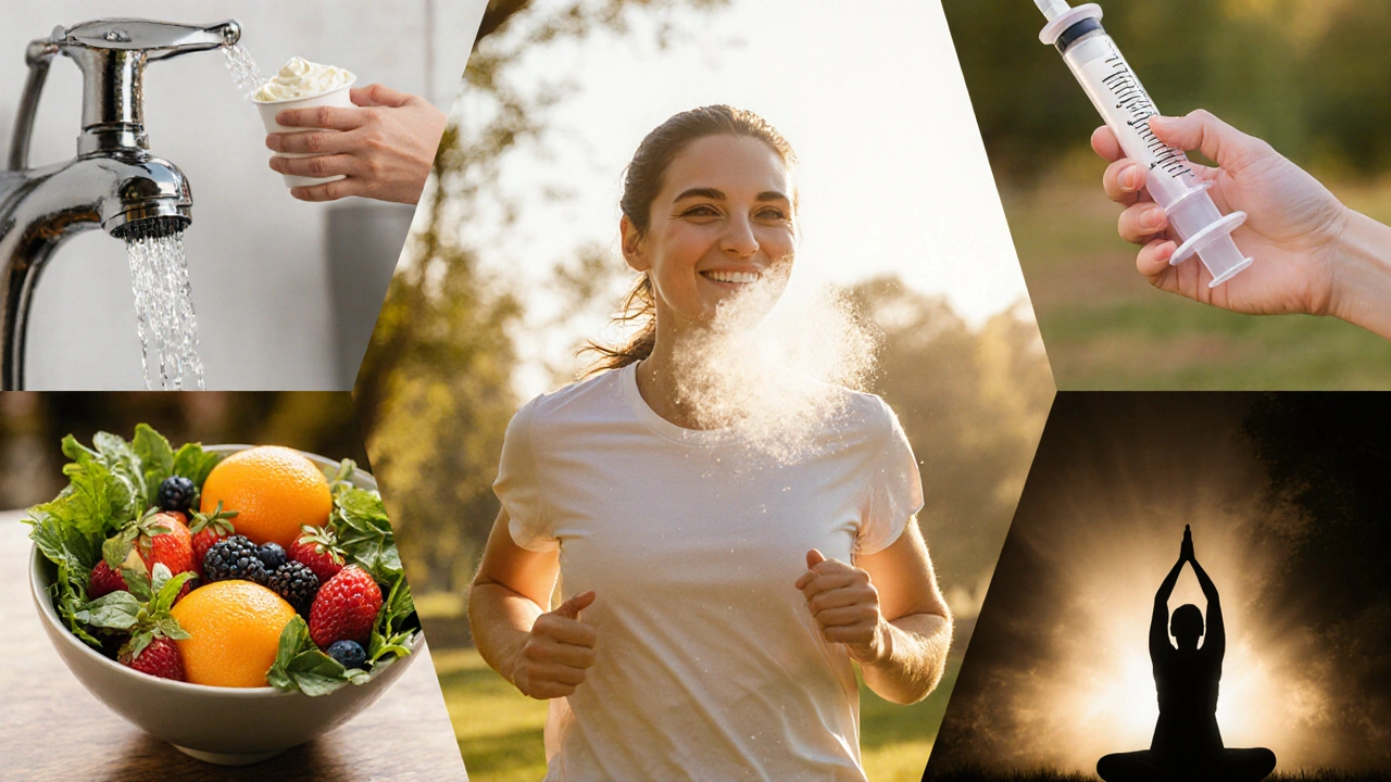 Escena que muestra ejercicio, vacunas, alimentación saludable y lavado de manos para prevenir la bronquitis.