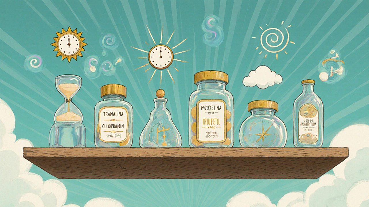 Estantería de frascos de medicamentos con símbolos que representan inicio, duración y efectos secundarios.