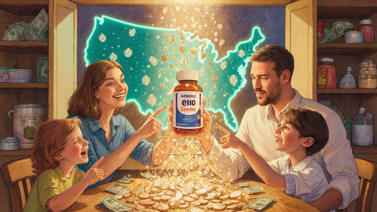 Familia sonriente muestra pastillas genéricas con monedas, simbolizando ahorro económico.