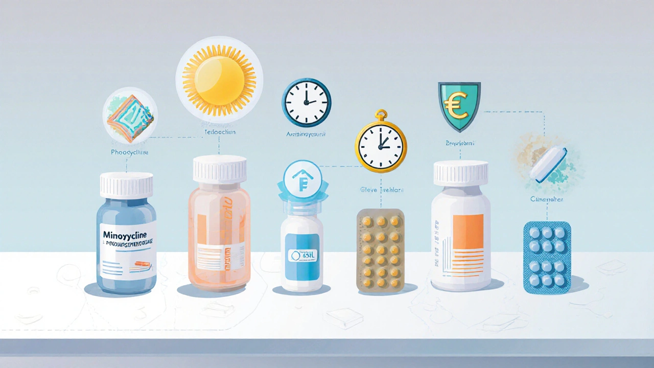 Fila de siete frascos de antibióticos con iconos de sol, reloj, euro y escudo sobre fondo pastel.