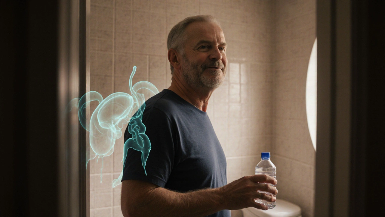 Hombre de 58 años en su baño, reflejando alivio tras tomar Uroxatral.