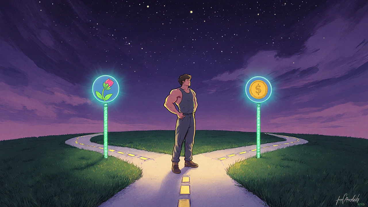 Hombre en un cruce de caminos iluminado elige entre rutas simbolizando fertilidad, músculo y presupuesto.