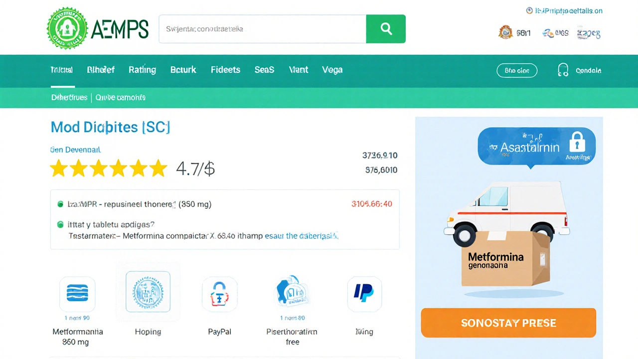 Ilustración de página web de farmacia segura con sello AEMPS, íconos de pago y entrega de metformina.