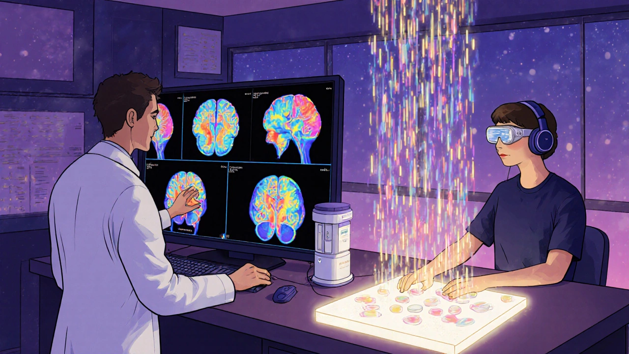 Laboratorio de investigación con científico viendo fMRI y participante usando entrenamiento perceptual y galantamina.