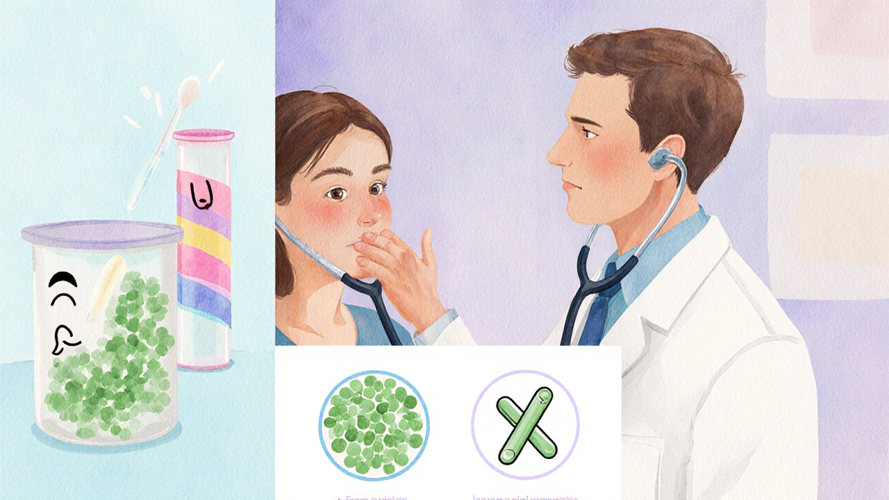 Médico examinando a un paciente mientras se comparan pruebas virales y bacterianas.