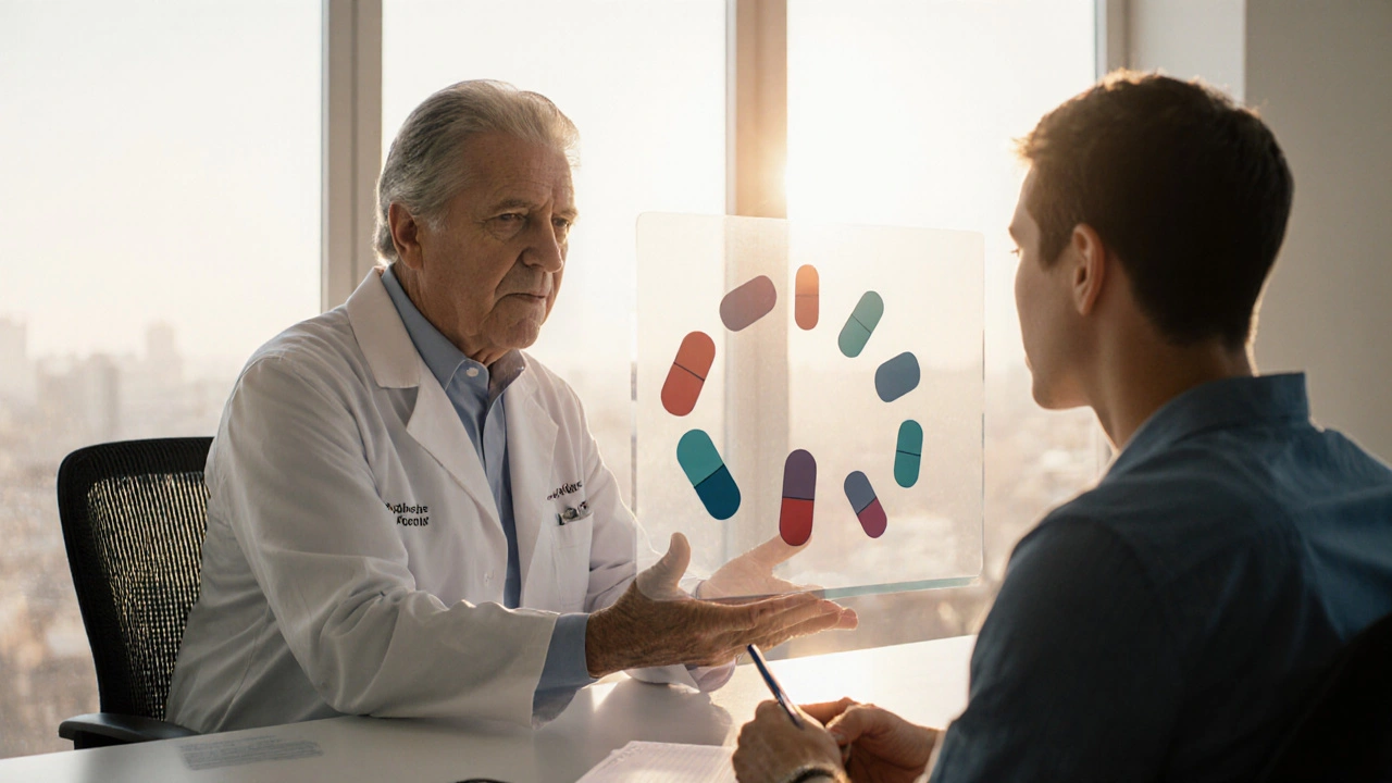 Médico y paciente discutiendo frente a holograma con siluetas de diferentes antibióticos.