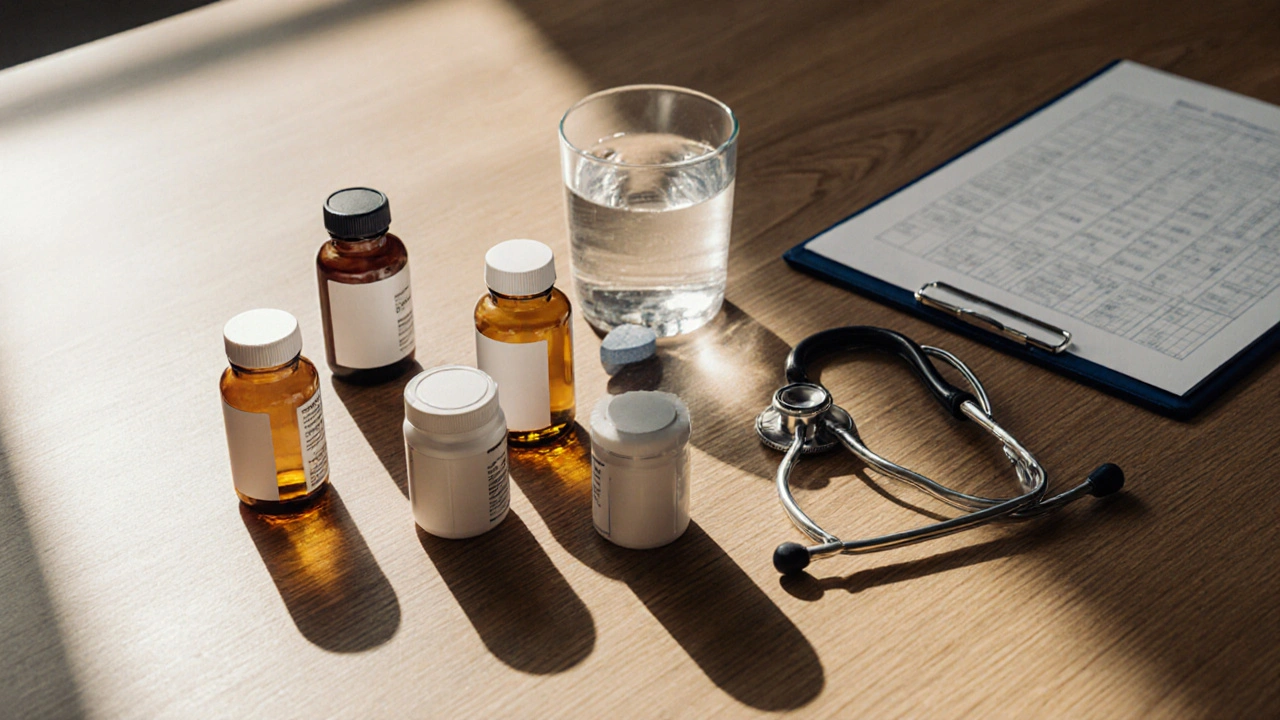 Mesa de consulta con frascos de varios medicamentos para la hipertrofia prostática benigna.
