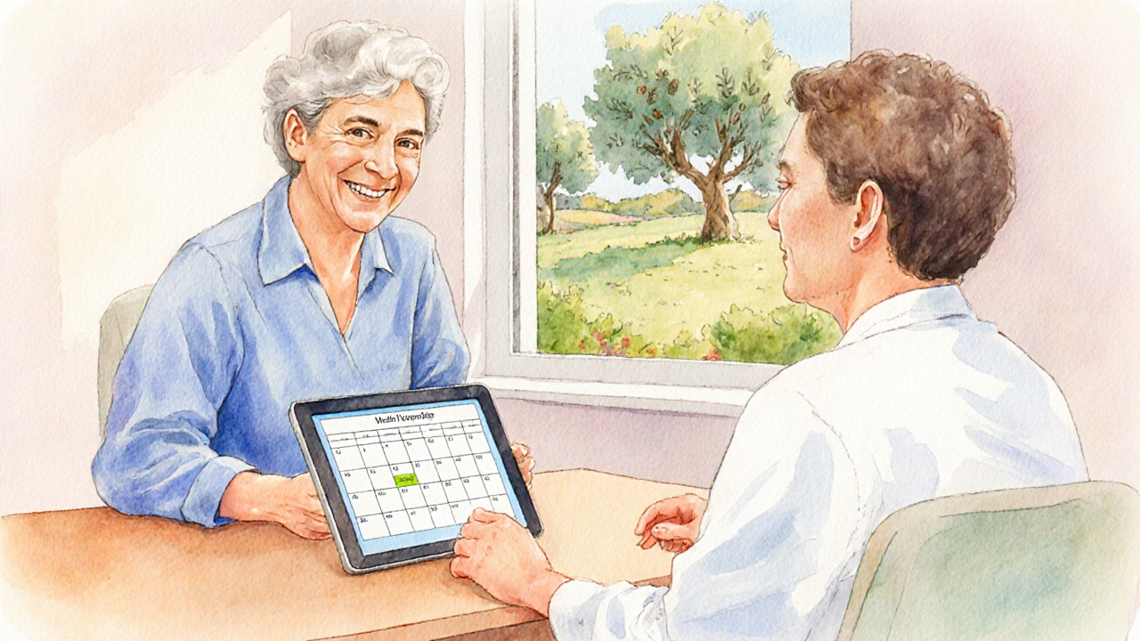 Nutricionista y paciente conversando en consulta, rodeados de colores suaves.