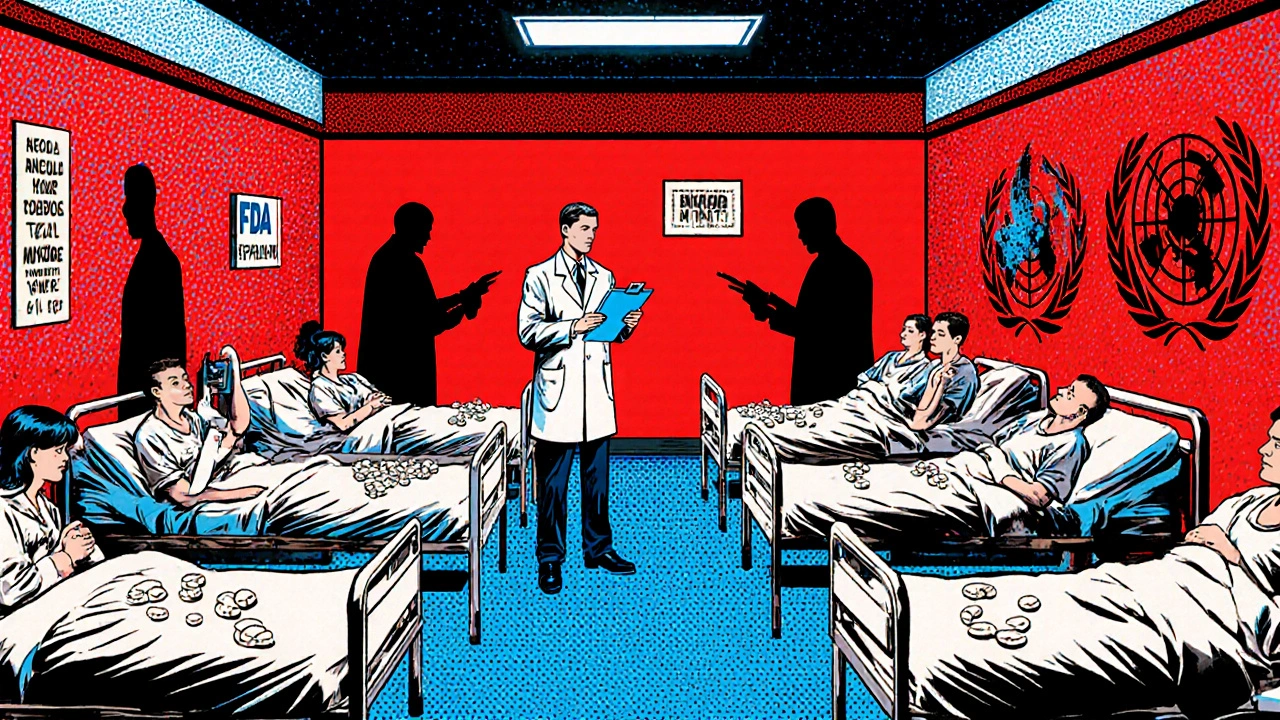 Pacientes en ensayo clínico recibiendo pastillas y placebo bajo supervisión médica.