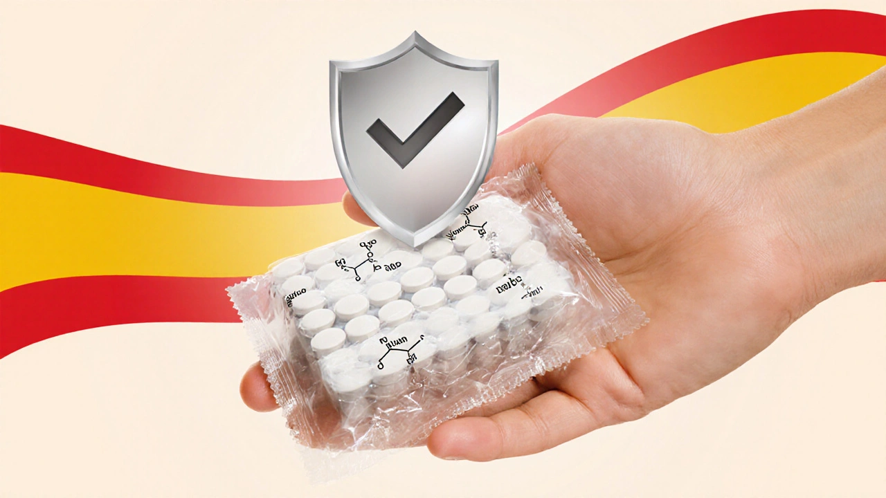 Paquete de pastillas con etiqueta de venlafaxina protegido por escudo.