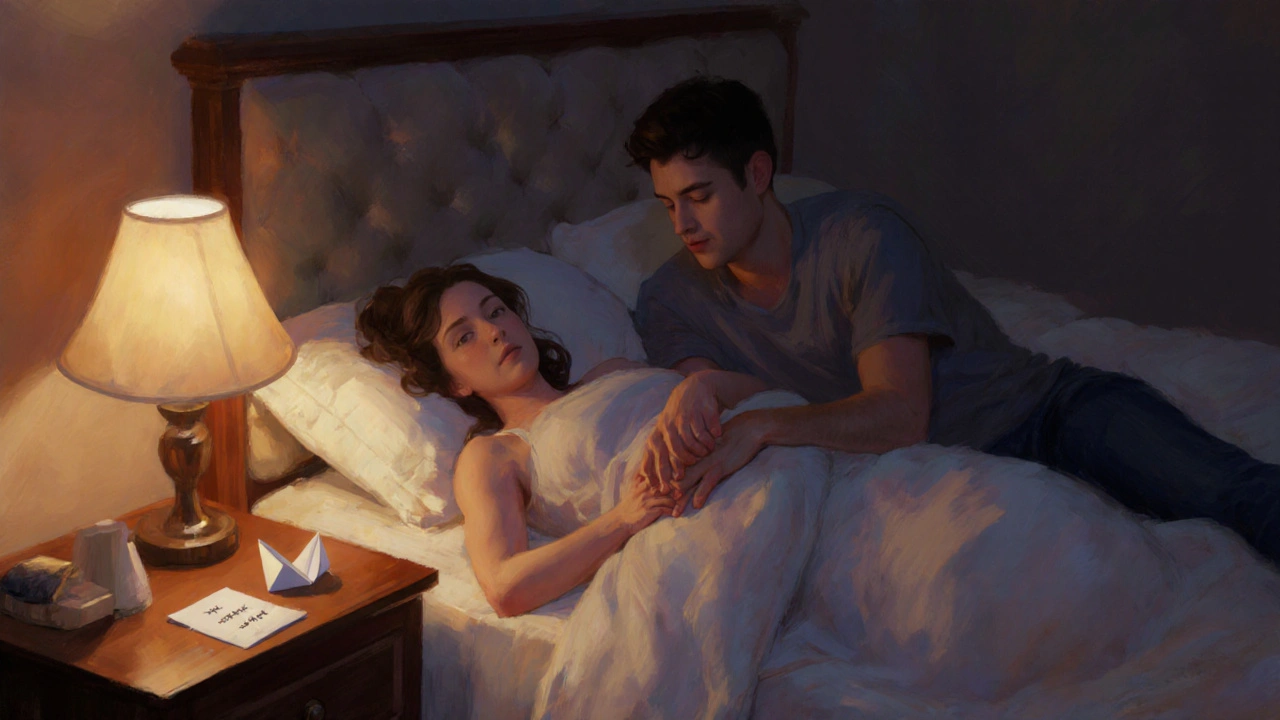 Pareja en posición cuchara en la cama, ambiente cálido y relajado.