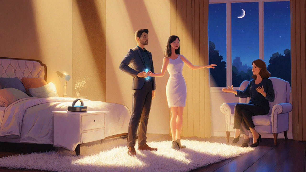 Pareja practicando técnicas de control y usando vibrador, acompañados de una terapeuta.