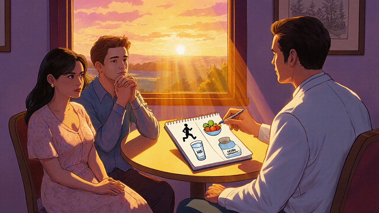 Pareja y médico conversando sobre opciones y hábitos saludables para mejorar la salud sexual.