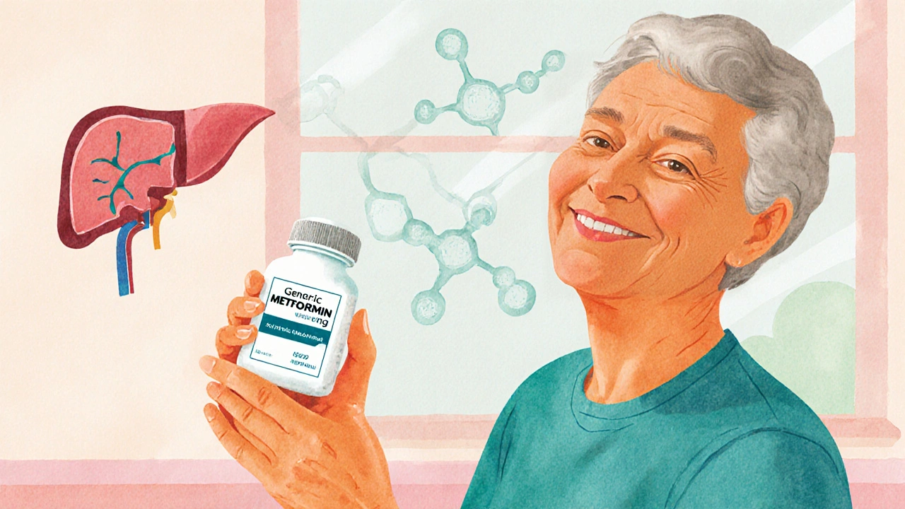 Persona feliz sosteniendo metformina genérica, con fondo de moléculas de glucosa que simbolizan control.