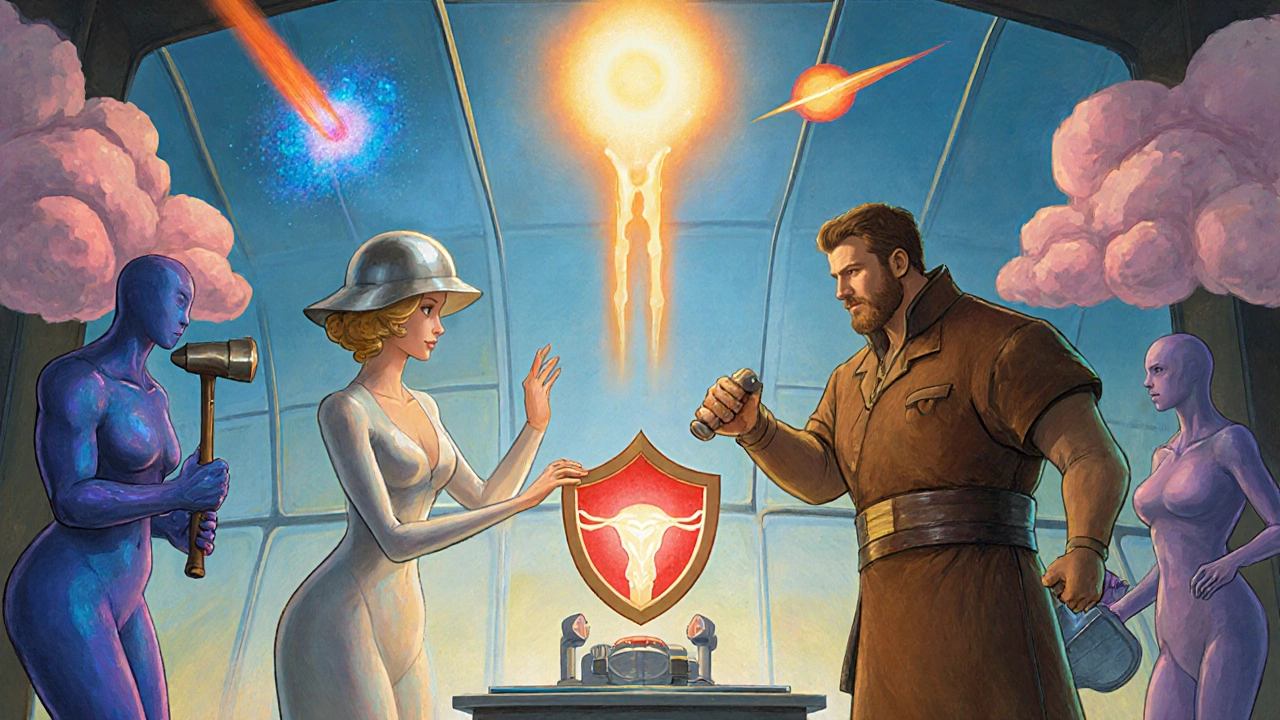 Personajes de dibujos animados representan distintos fármacos interactuando con hueso.