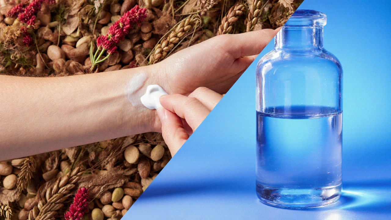 Primer plano de manos aplicando crema transdérmica en el antebrazo, con fondo dividido entre granos de soja y un frasco de laboratorio, simbolizando opciones hormonales.