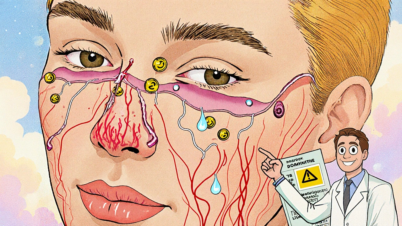 Primer plano de piel facial con efectos secundarios: piel delgada, grietas, pérdida de ceramidas y telangiectasias.