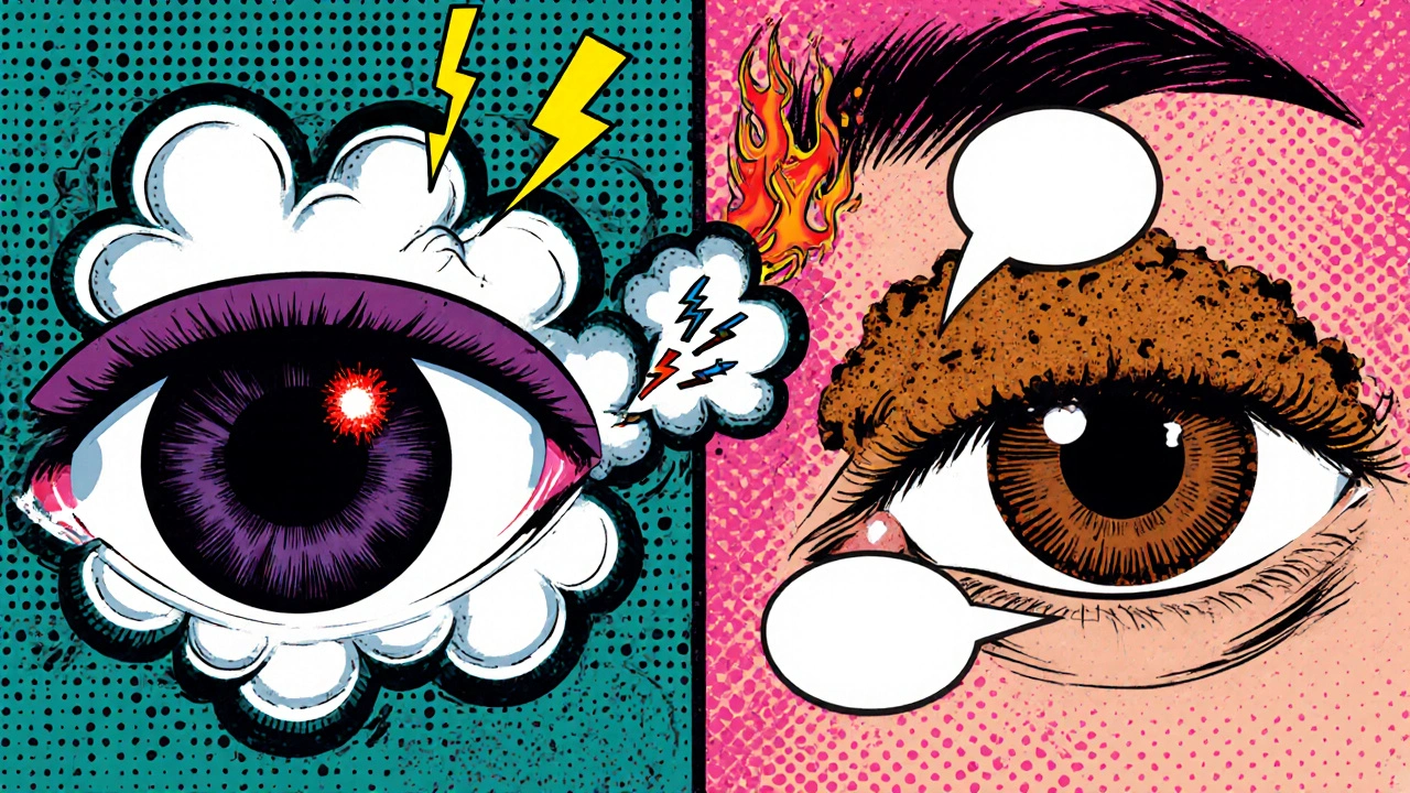 Representación de melanoma y carcinoma de células escamosas en el ojo, con humo de cigarrillo al fondo.