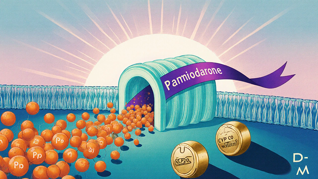 Representación estilizada de amiodarona bloqueando transportadores y enzimas que aumentan digoxina y warfarina.