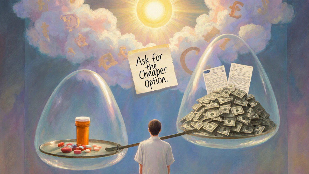 Balanza mágica compara un medicamento genérico con montañas de dinero, bajo un sol que ilumina una nota pidiendo transparencia.