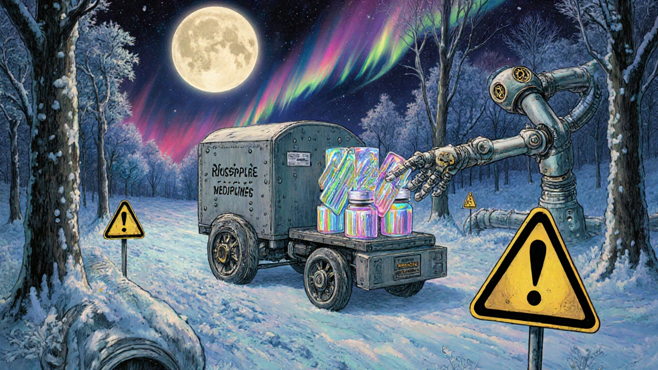 Carro de entrega de medicamentos en un bosque helado, con brazos robóticos sellando viales.