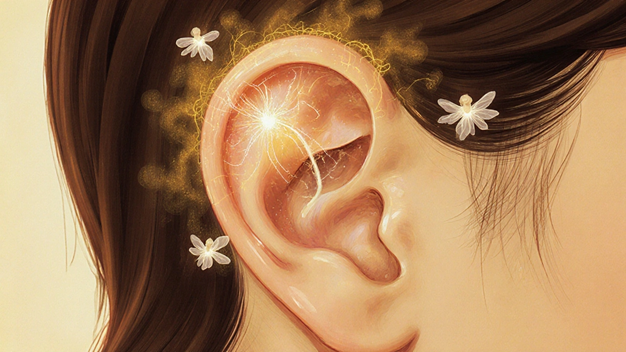 Células de curación como ángeles reconstruyendo el tímpano como una flor que se abre.