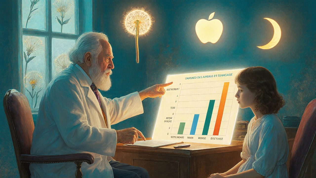 Consulta médica soñadora con gráficos de comparación y símbolos de alivio iluminados por luz dorada.