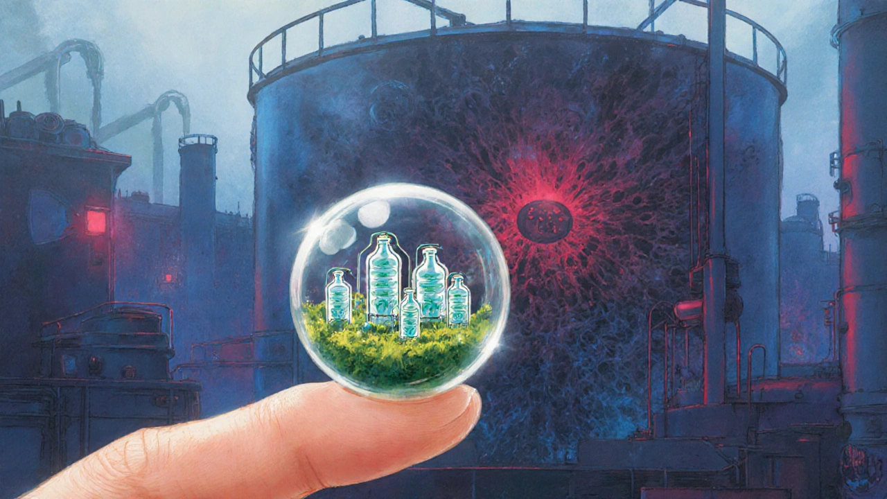 Contraste entre un laboratorio pequeño y una fábrica industrial caótica, en estilo artístico luminoso.