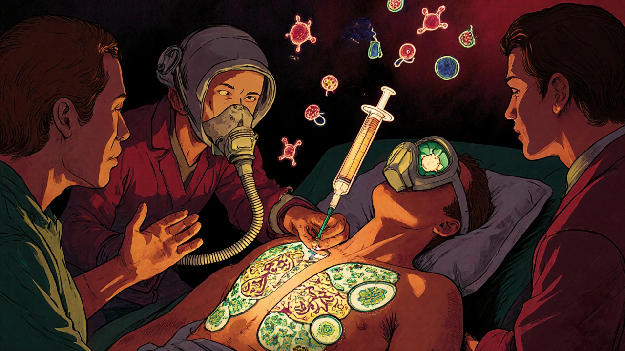 Equipo médico administrando adrenalina durante una reacción grave de hipersensibilidad, con símbolos alérgicos flotantes.