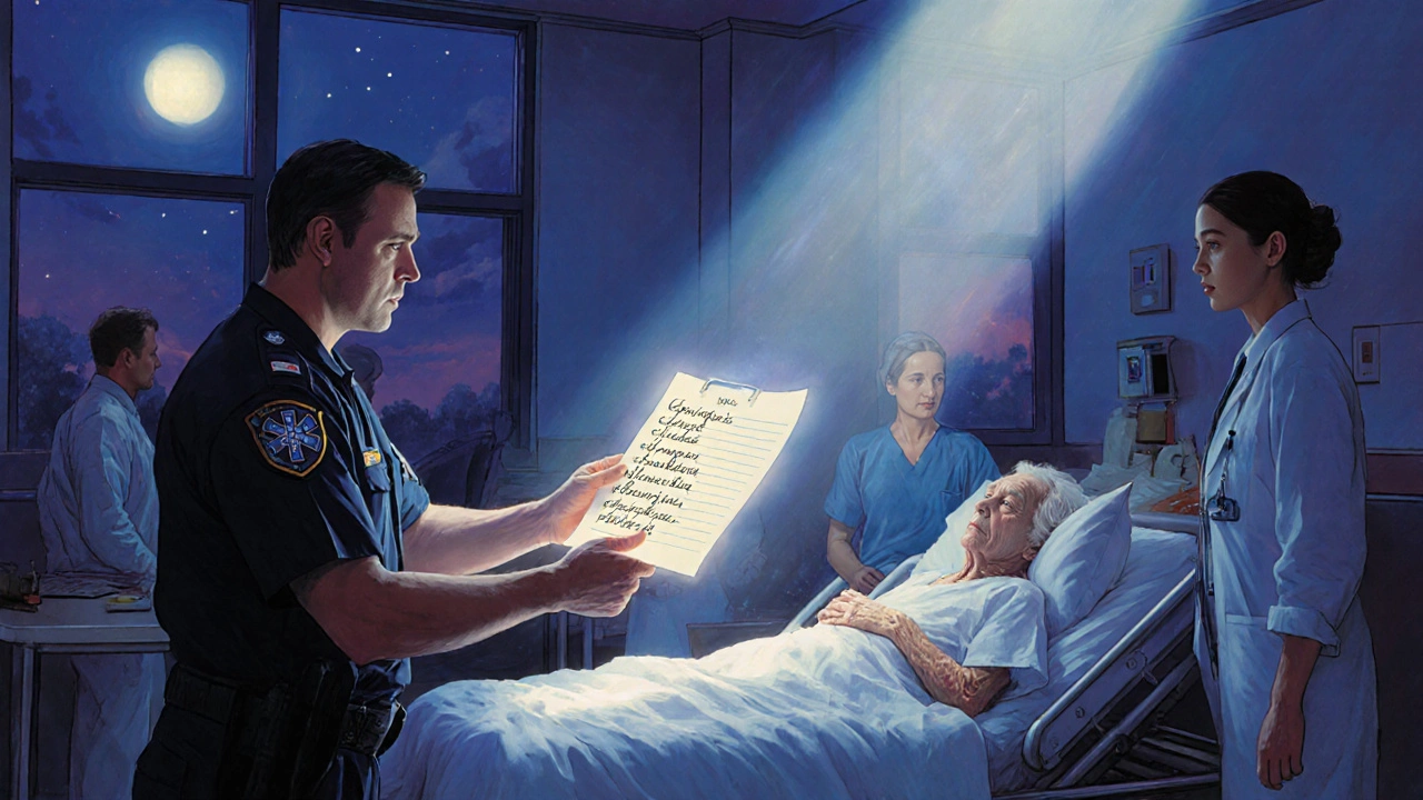 Equipo médico en sala de emergencias revisando lista detallada de medicamentos de un paciente.