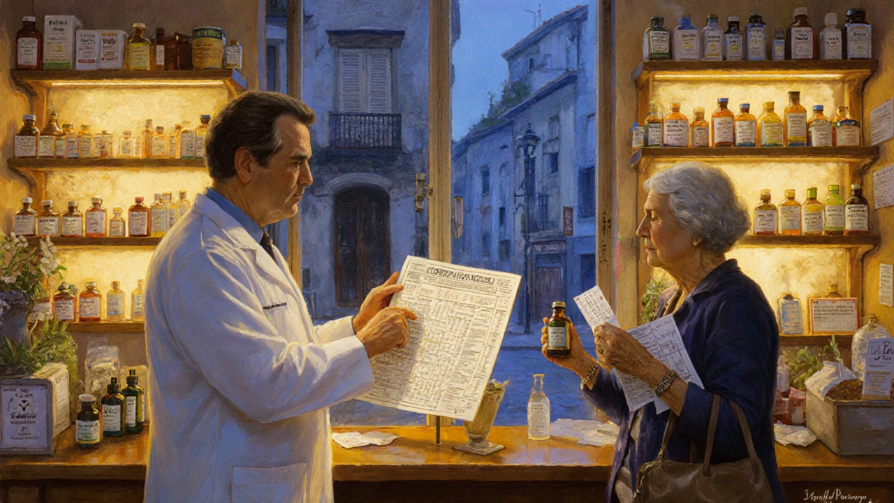 Farmacéutico en farmacia española explicando interacciones medicamentosas a una paciente.