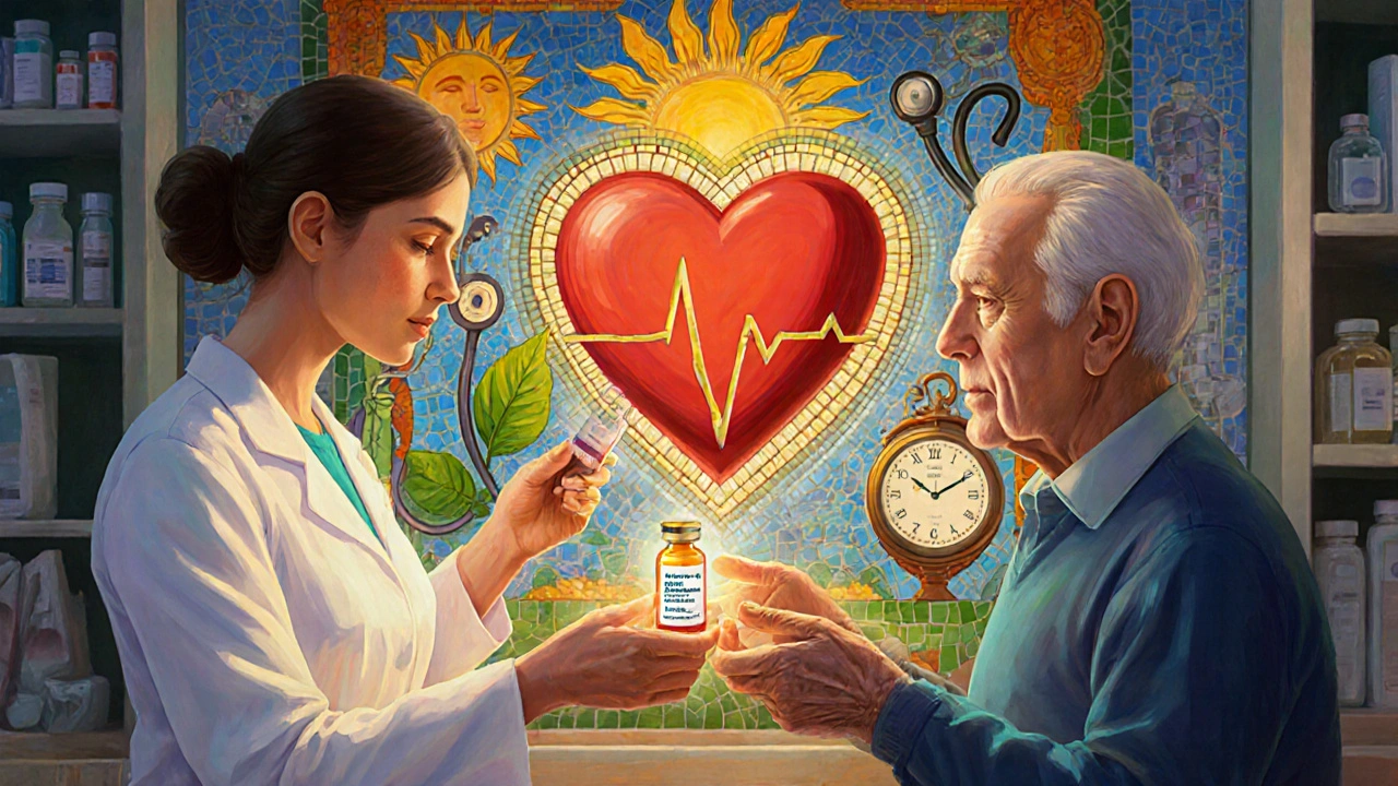 Farmacéutico entrega un genérico de metoprolol mientras un mural de símbolos médicos brilla a su espalda.