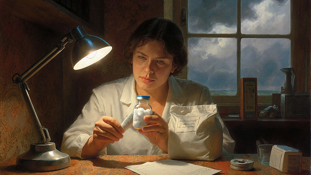 Farmacéutico examina una ampolla de insulina dañada junto a documentos y un registrador de temperatura.