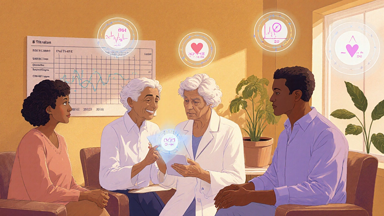 Farmacéutico revisa resultados con pacientes diversos, con íconos flotantes de salud cardíaca y niveles de potasio.