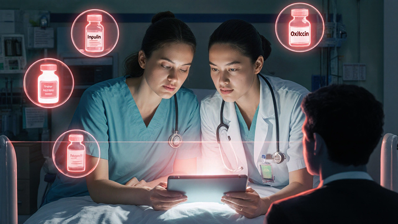 Farmacéutico y médico revisando una alerta crítica en una tablet junto a un paciente en cuidados intensivos.