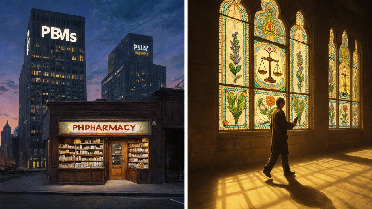 Farmacia independiente solitaria frente a rascacielos corporativos, con un paciente caminando bajo una luz mágica.