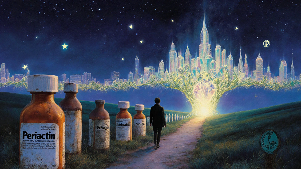 Figura caminando hacia un puente luminoso de suplementos médicos, dejando atrás medicamentos obsoletos.